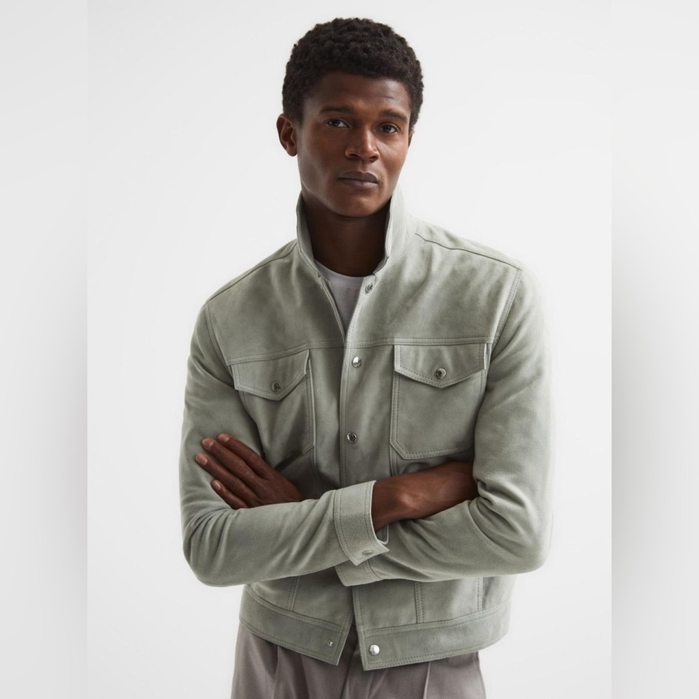 Reiss Suede Noa Trucker Jacket - Sage Green - Medium